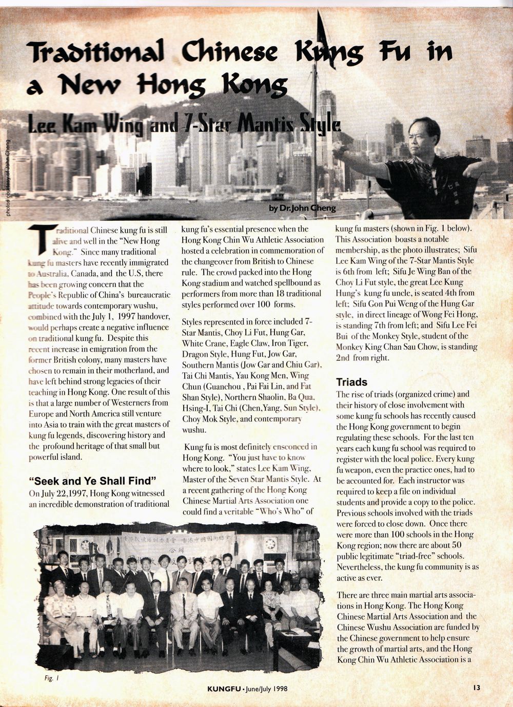 Magazine article about Grandmaster Lee Kam Wing, page 1